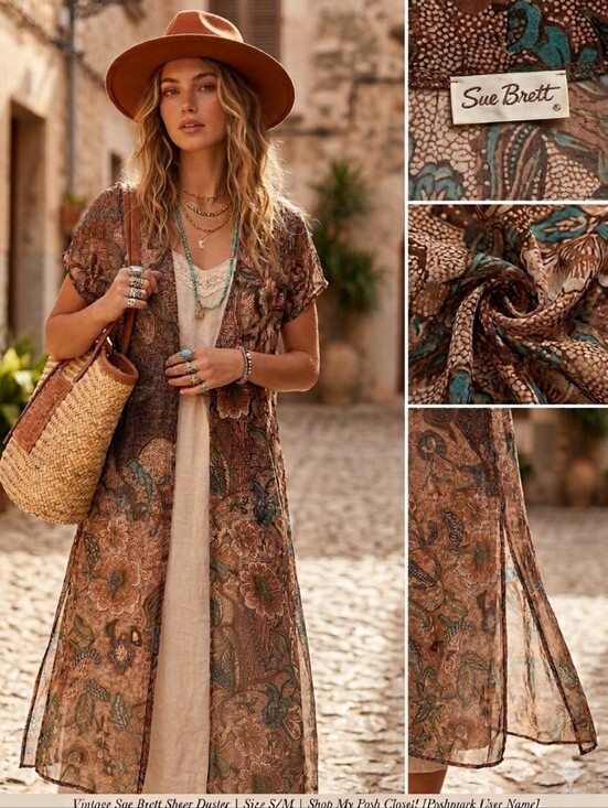 Sue Brett Other - VTG Sue Brett Sheer Short Sleeve Open Front Long Duster In floral print. Sz 9/10